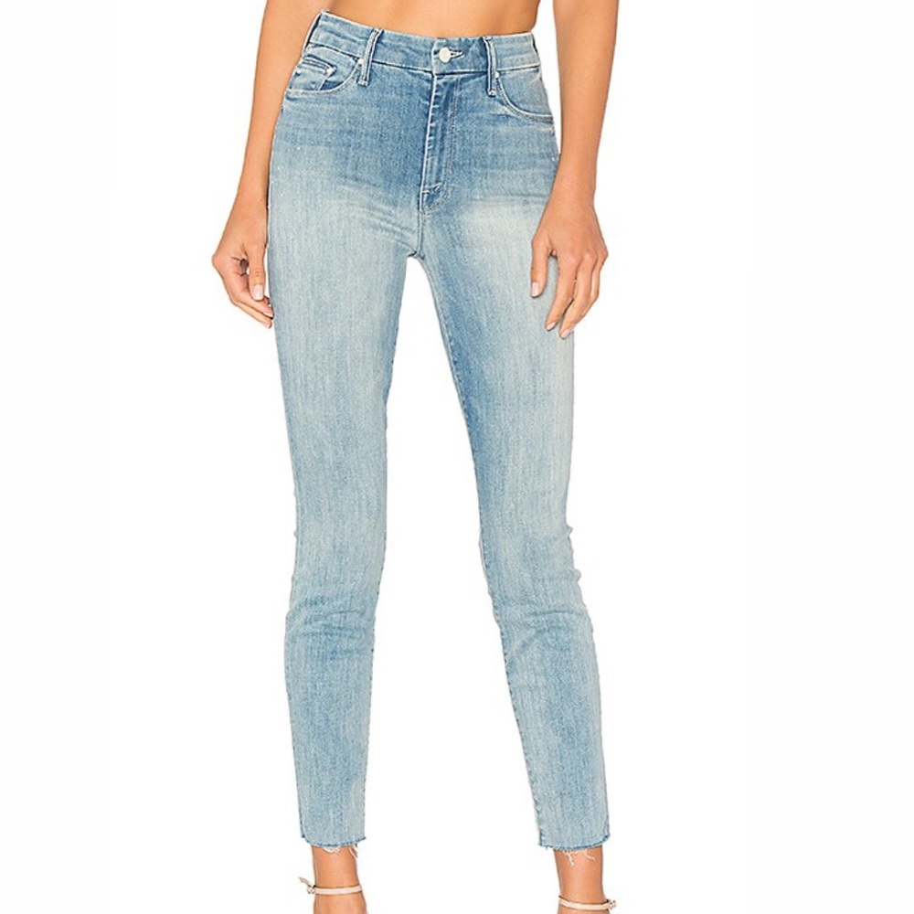 MOTHER blue high rise stretchy straight legged jeans with frayed bottoms